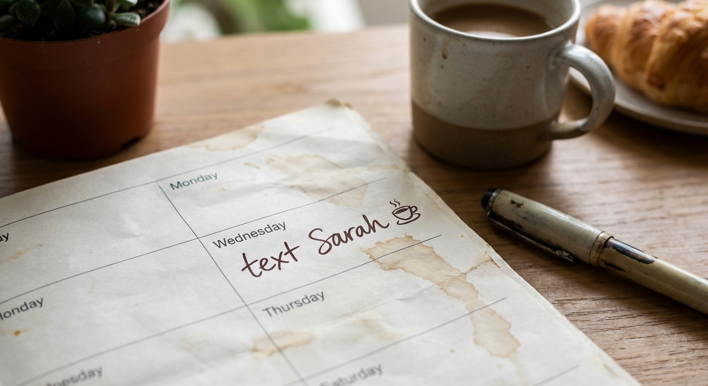 Calendar with small recurring reminder marked 'text Sarah' showing consistency over grand plans