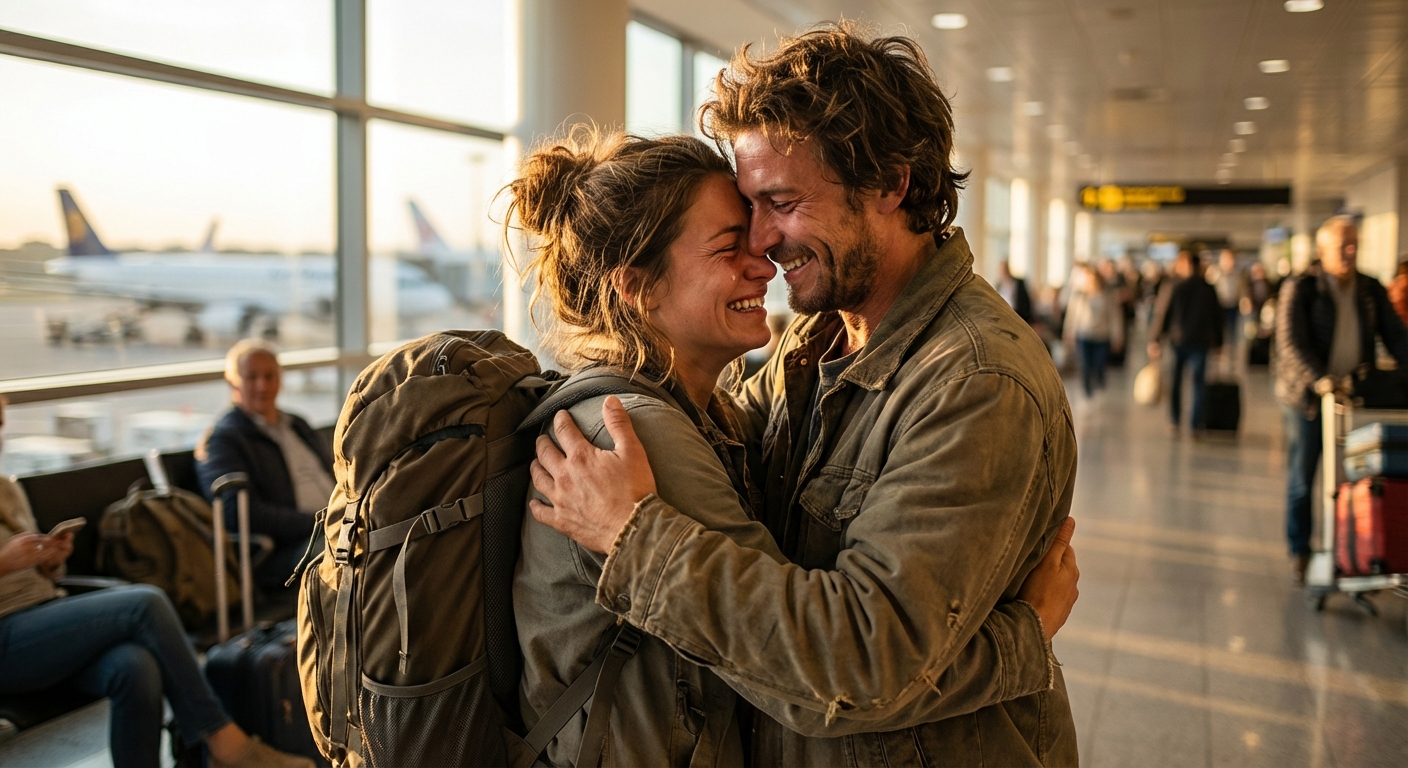 Two old friends embracing warmly at reunion after time apart, genuine joy visible