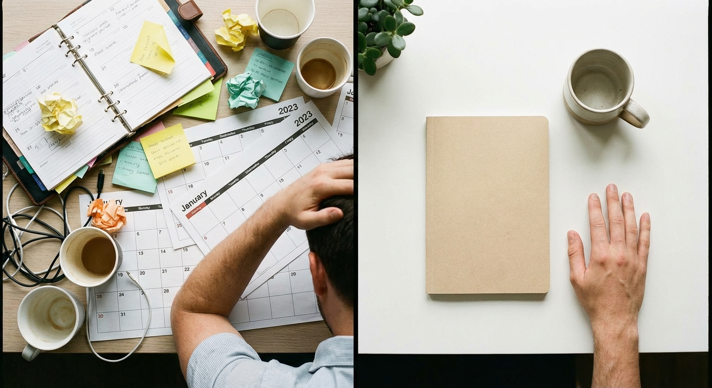 Overflowing calendar and planner next to empty journal page, visual contrast between chaos and simplicity