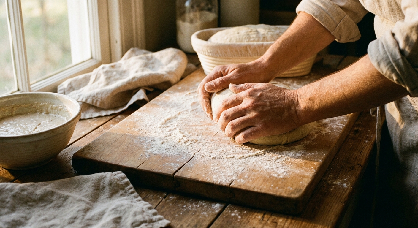 Hands kneading bread dough on wooden surface, slow and intentional activity