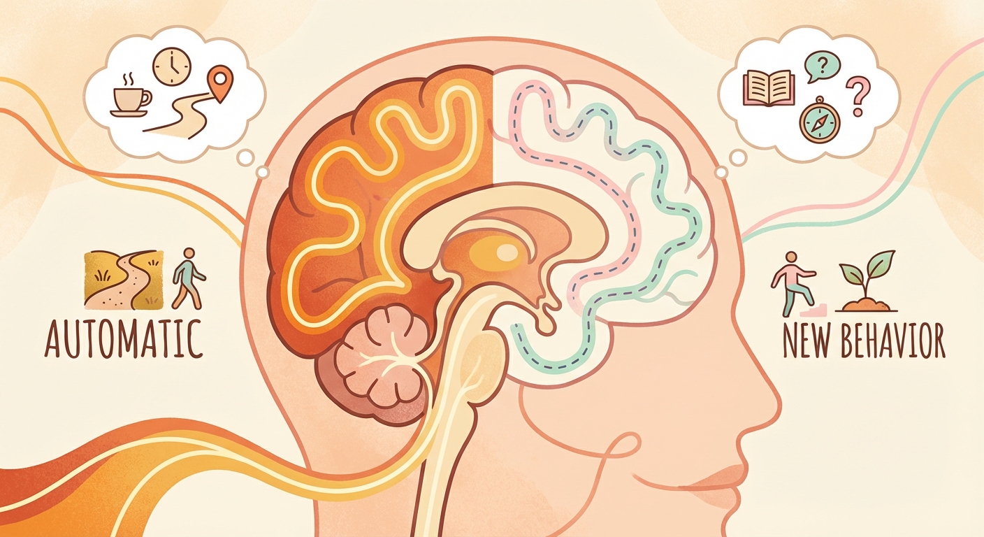 Illustration of brain pathways showing automatic versus effortful behavior routes