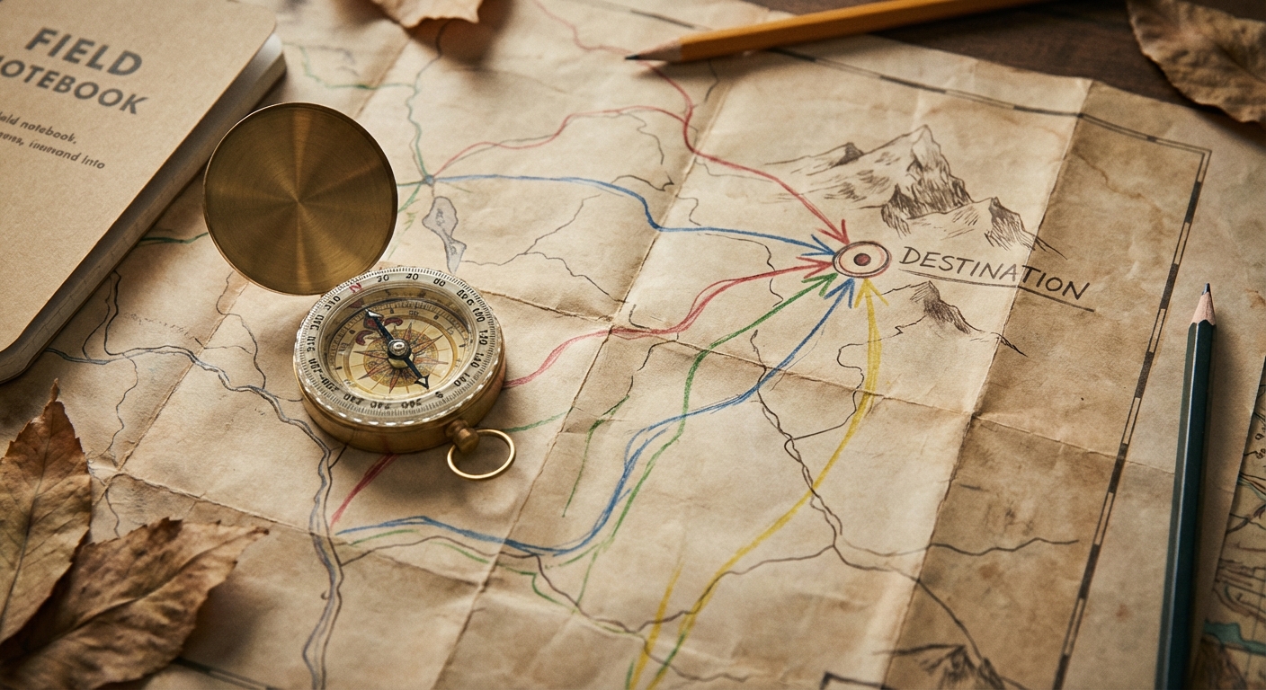Compass on map with multiple possible routes highlighted, suggesting flexible navigation