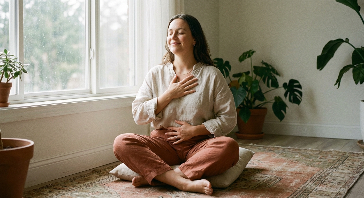Person practicing deep breathing in a calm setting