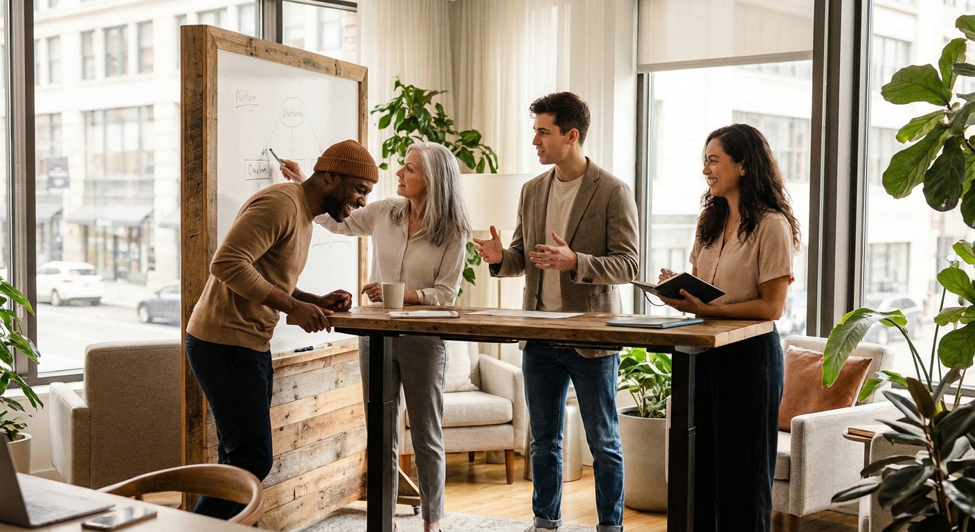 Team members collaborating around a project with engaged body language