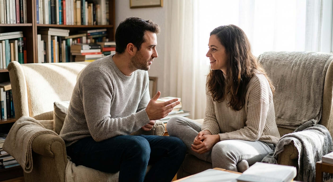 Couple having an honest conversation facing each other with open body language