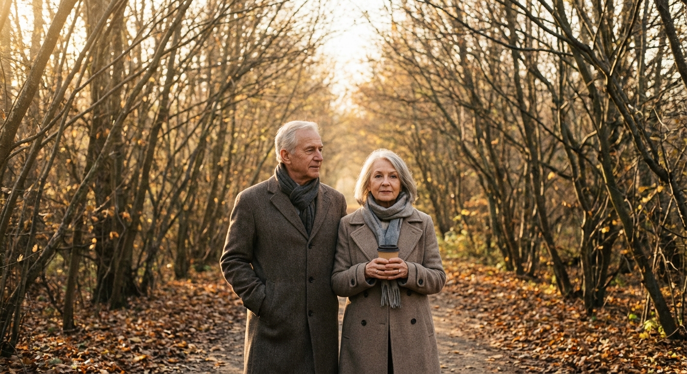 Couple walking together outdoors, shoulders touching, in comfortable silence