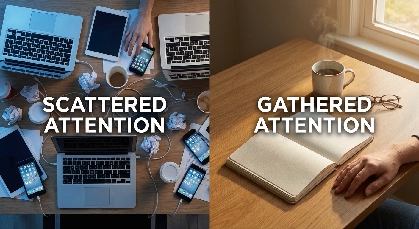 Contrast showing scattered attention versus focused presence