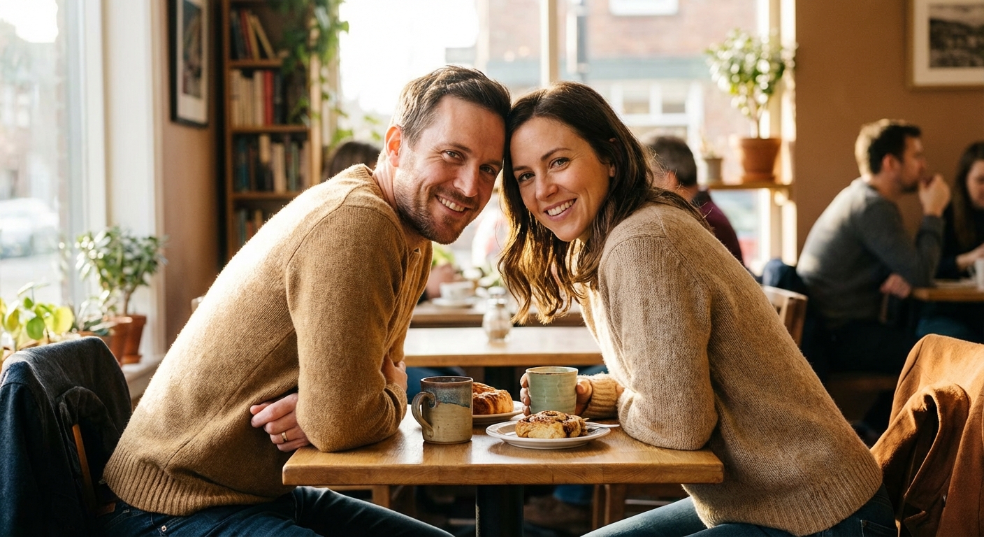 Person fully present in conversation with friend, devices nowhere in sight