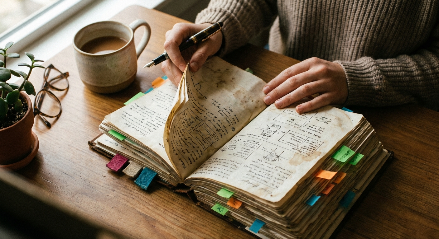 Person reviewing a journal or notes about personal patterns and strengths