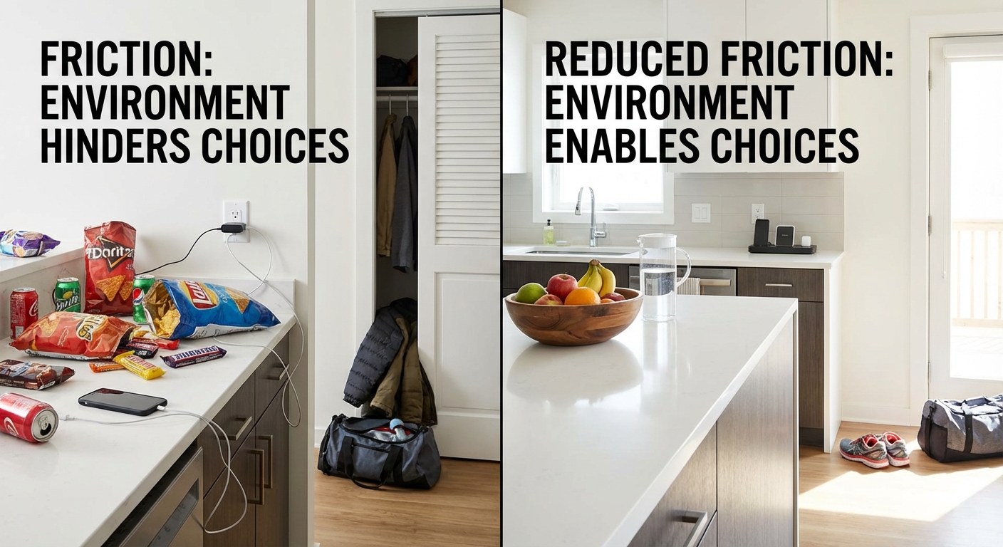 Visual comparison of high-friction versus low-friction environment for healthy habits