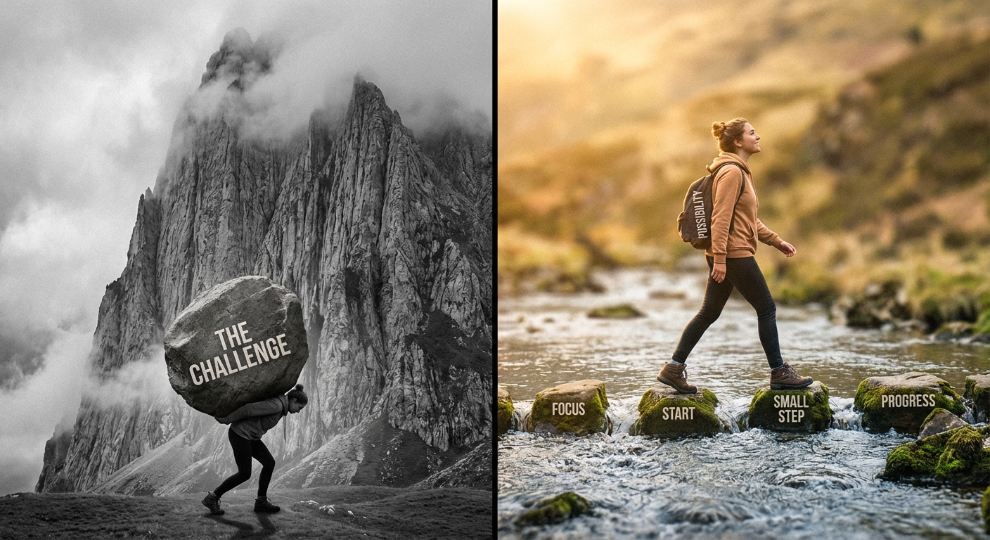 Contrast between an overwhelming mountain and small accessible stepping stones