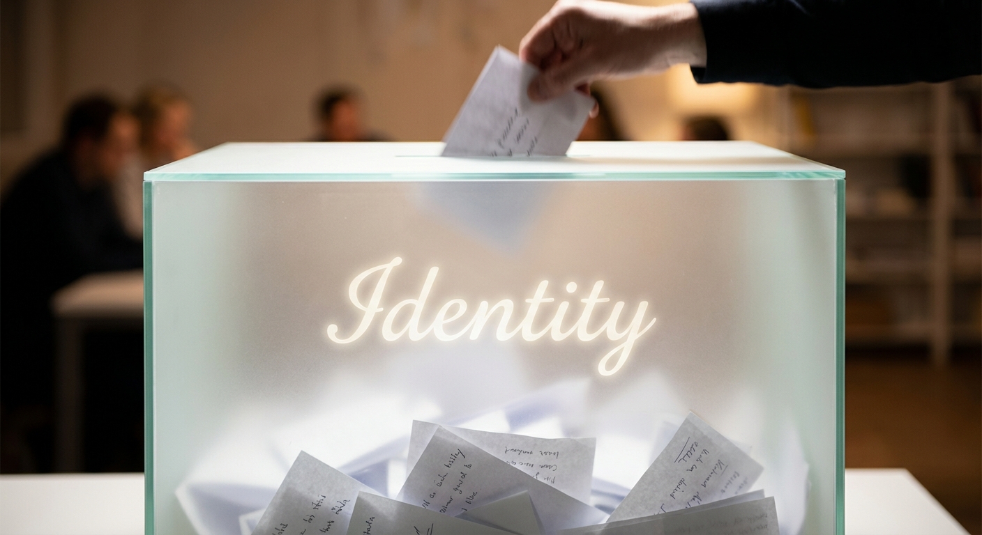 Person placing a small vote in a ballot box labeled 'Who I Am', representing identity formation