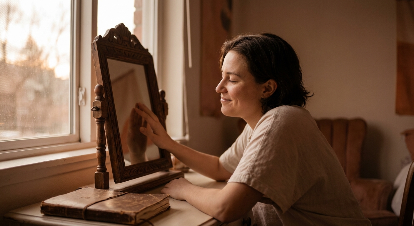 Mirror reflection showing person looking at themselves with acceptance