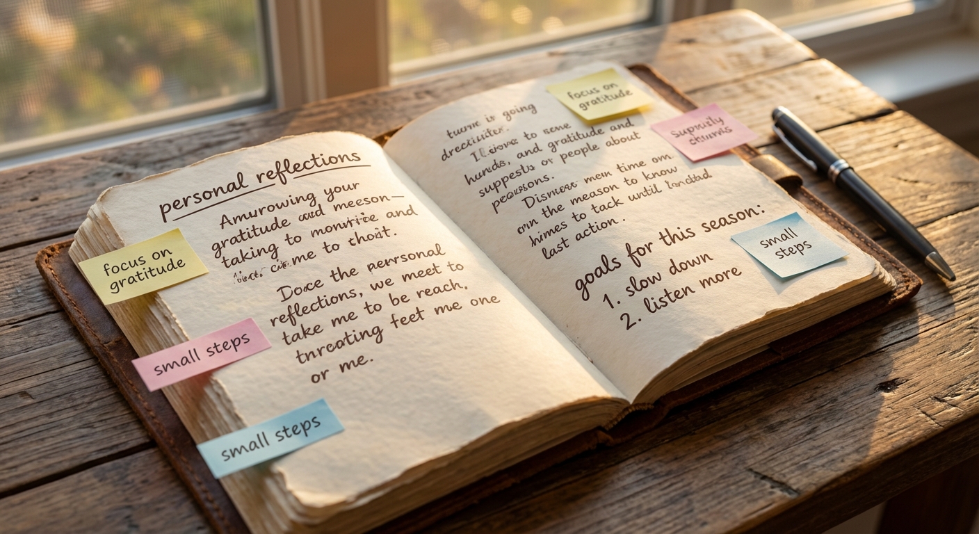 Notebook with handwritten list and colorful sticky notes representing personal reflection
