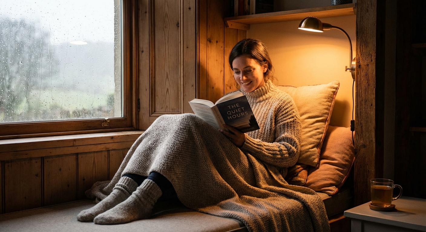 Person reading a physical book in a cozy corner with soft lighting