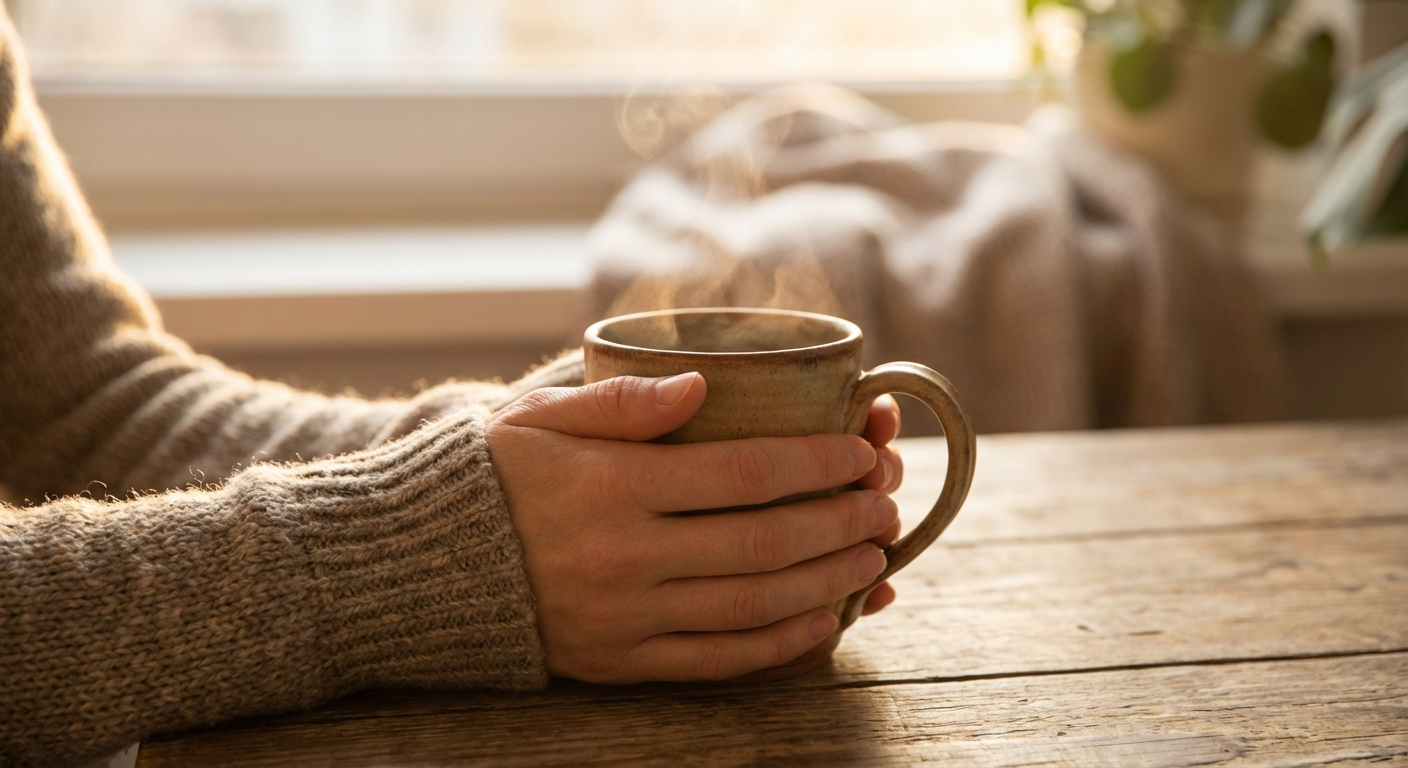 Close-up of hands holding a cup of tea with soft morning light suggesting calm