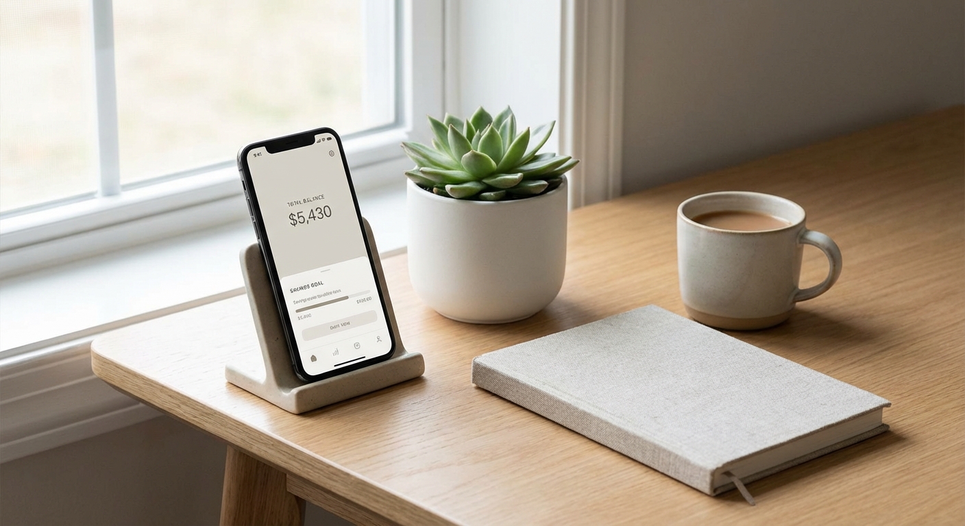 Simple desk setup with phone showing banking app and plant suggesting calm environment