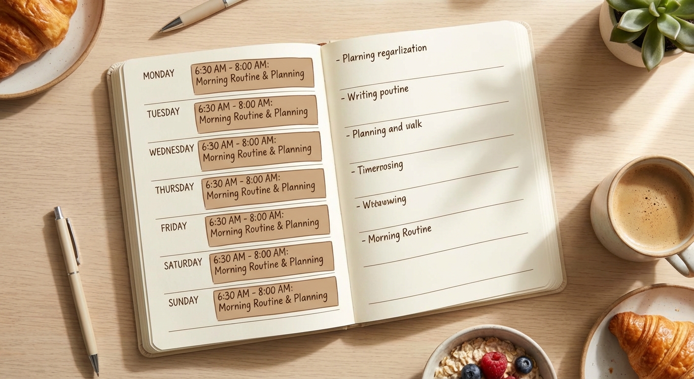 Calendar or planner showing consistent morning routine times across the week