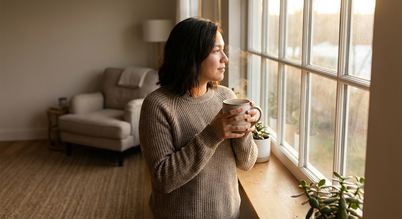 Person enjoying morning light near a window with a warm beverage