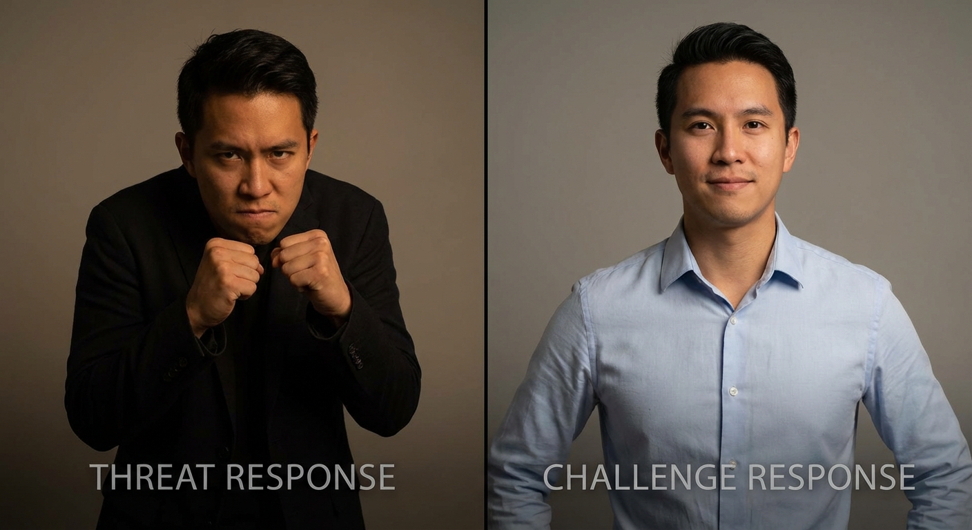 Split image showing tense shoulders versus relaxed open posture during stress