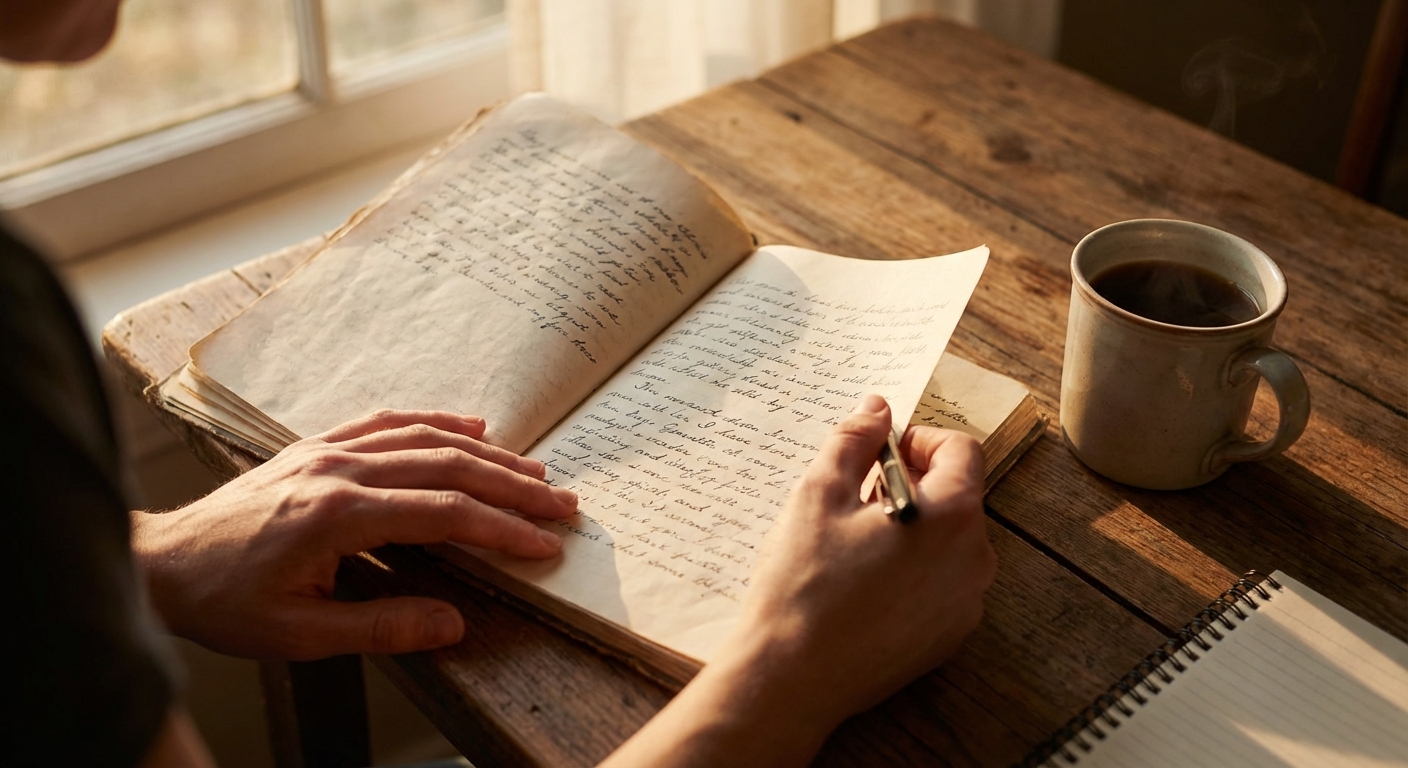 Hands writing in a journal with soft morning light reflecting a reflective practice