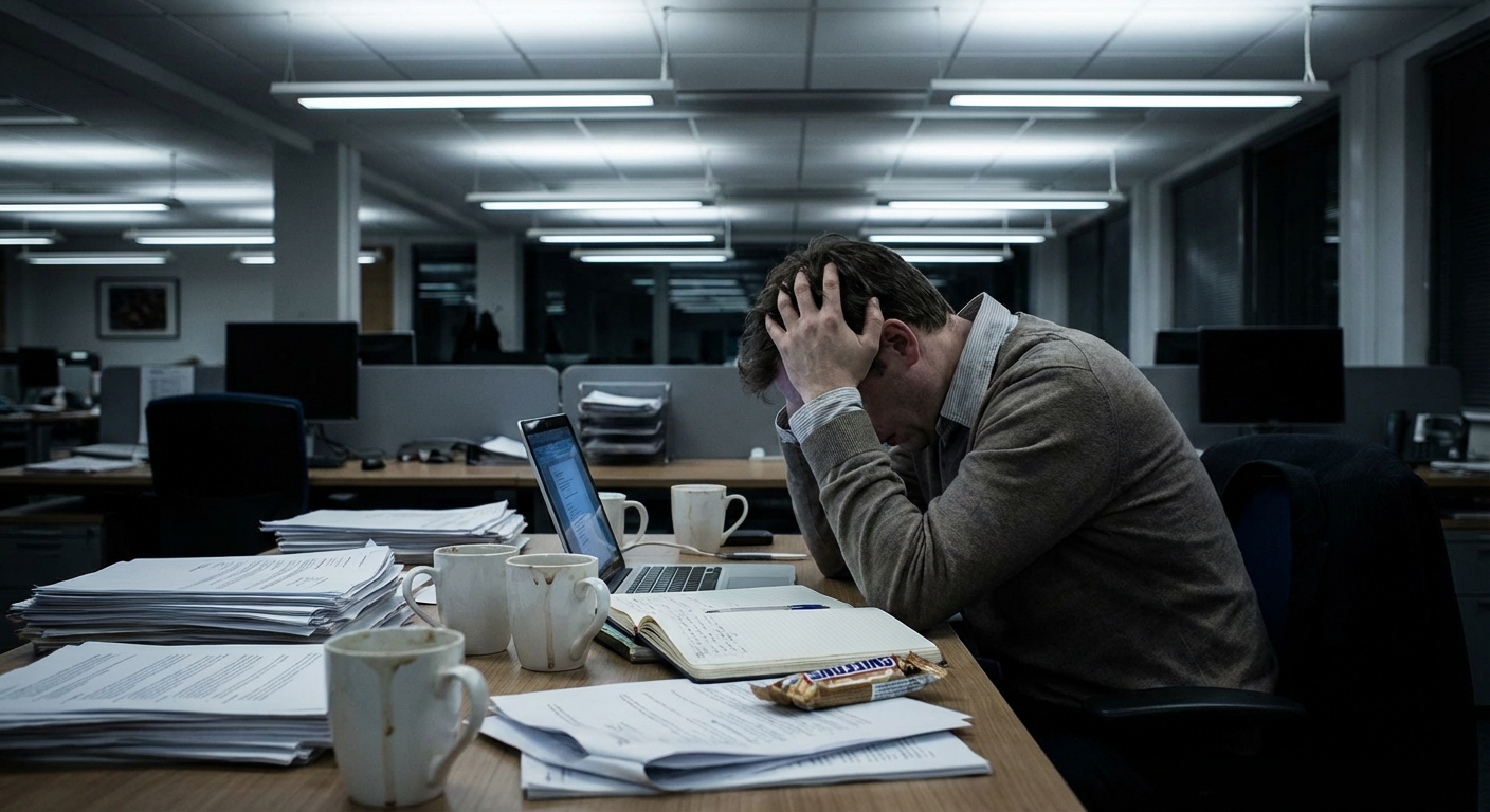Person struggling at desk with head in hands showing willpower exhaustion
