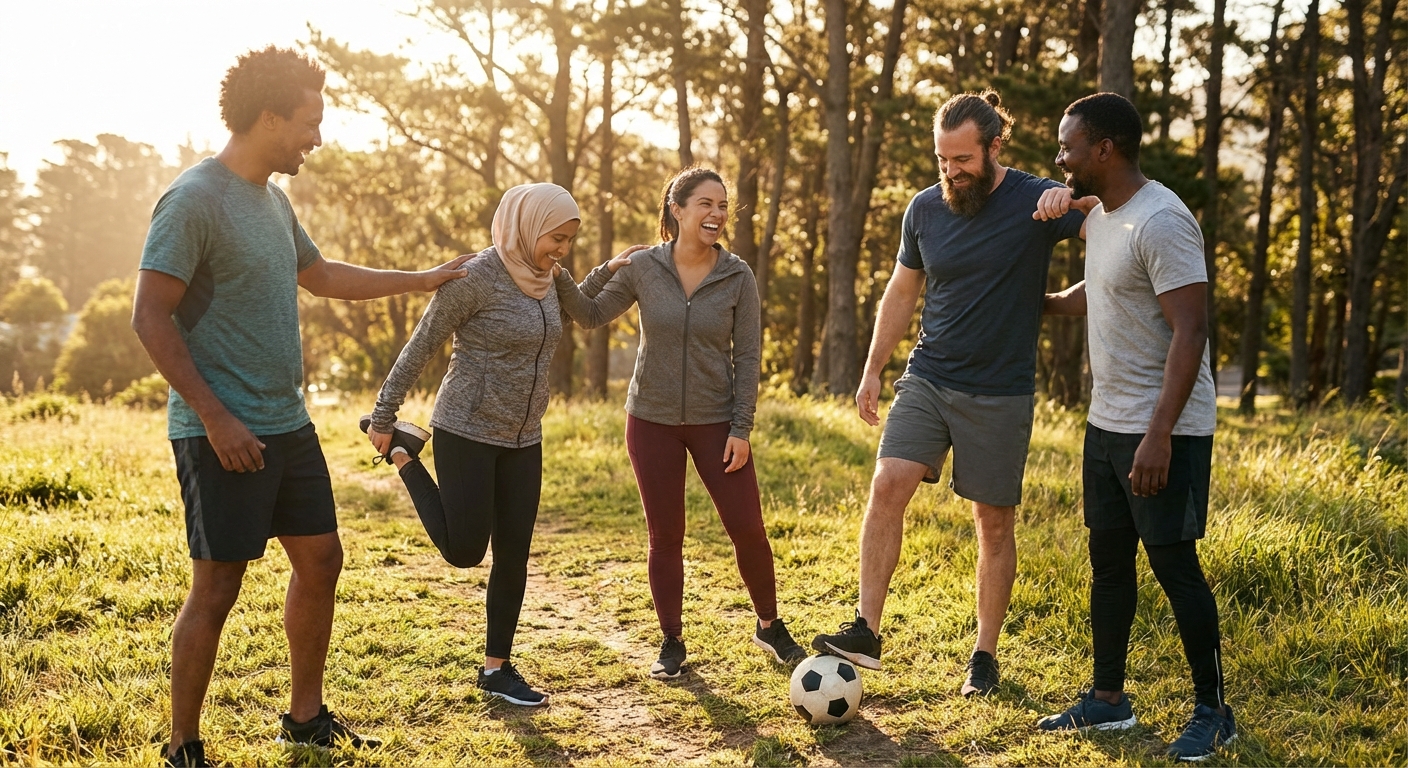 Group of people laughing together during casual outdoor exercise activity