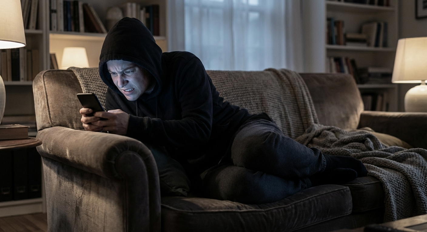 Person hunched over phone with tense shoulders showing chronic stress posture