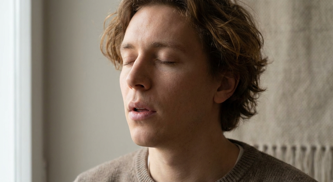 Person practicing slow exhalation with relaxed expression showing parasympathetic activation