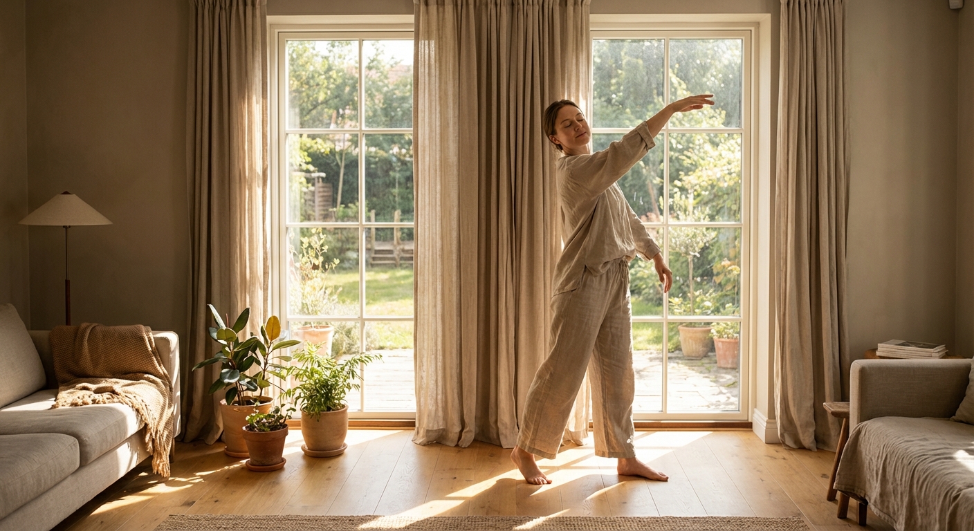 Person practicing gentle movement or stretching in morning light with grounded presence