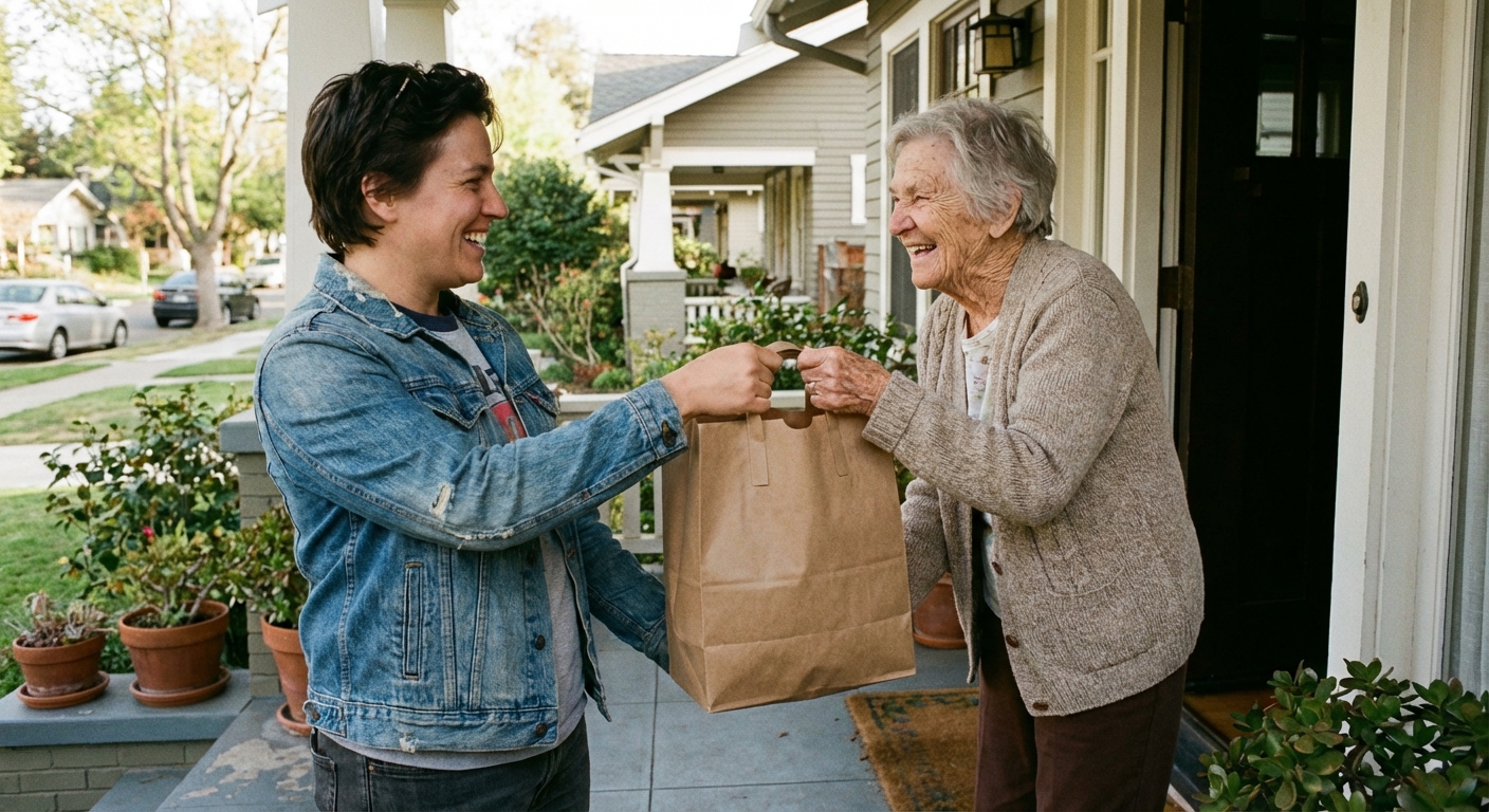 Person smiling while handing a paper bag of groceries to an elderly neighbor