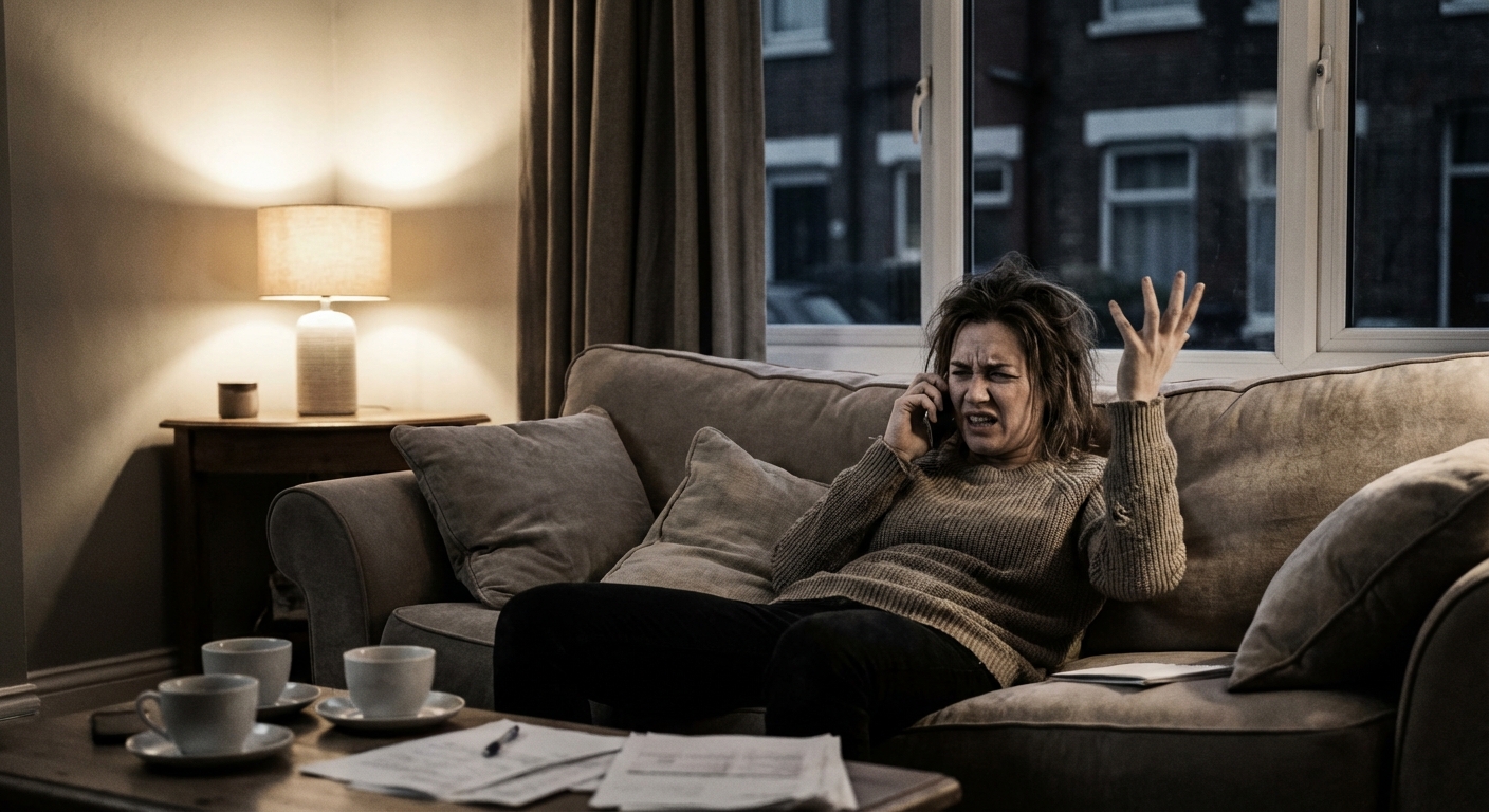 Person looking frustrated while talking on phone, gesturing dramatically