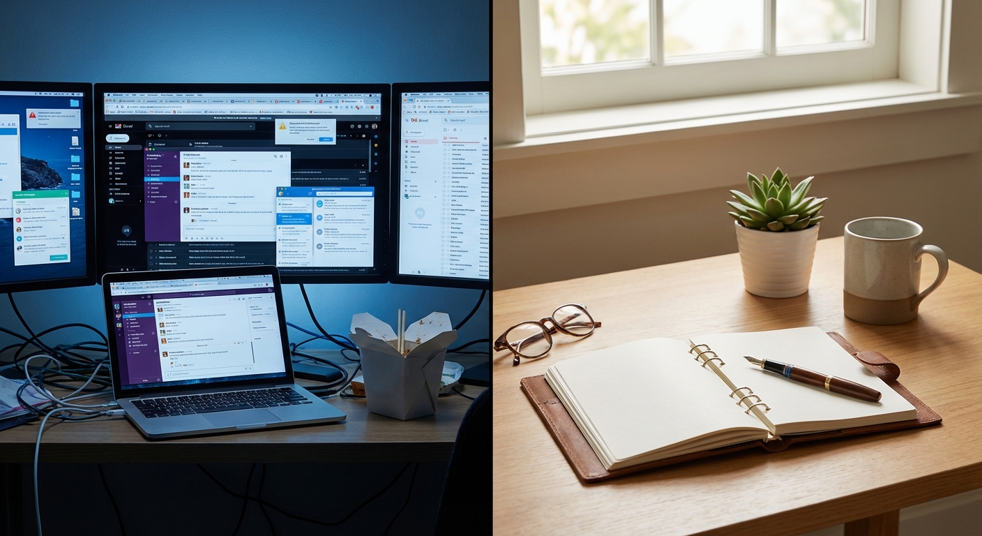 Split image showing cluttered digital workspace versus clean analog focused setup