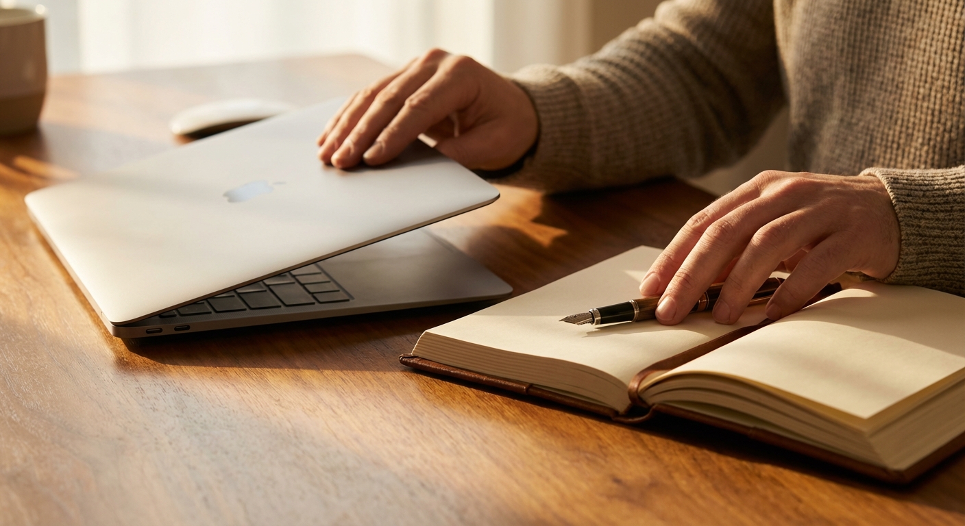 Person closing laptop deliberately and opening a physical notebook with intention