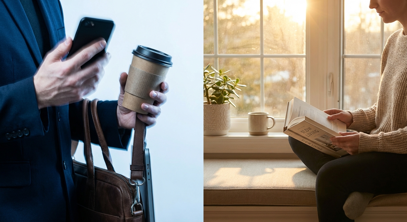 Contrast between frantic phone multitasking and calm person reading a book in sunlight