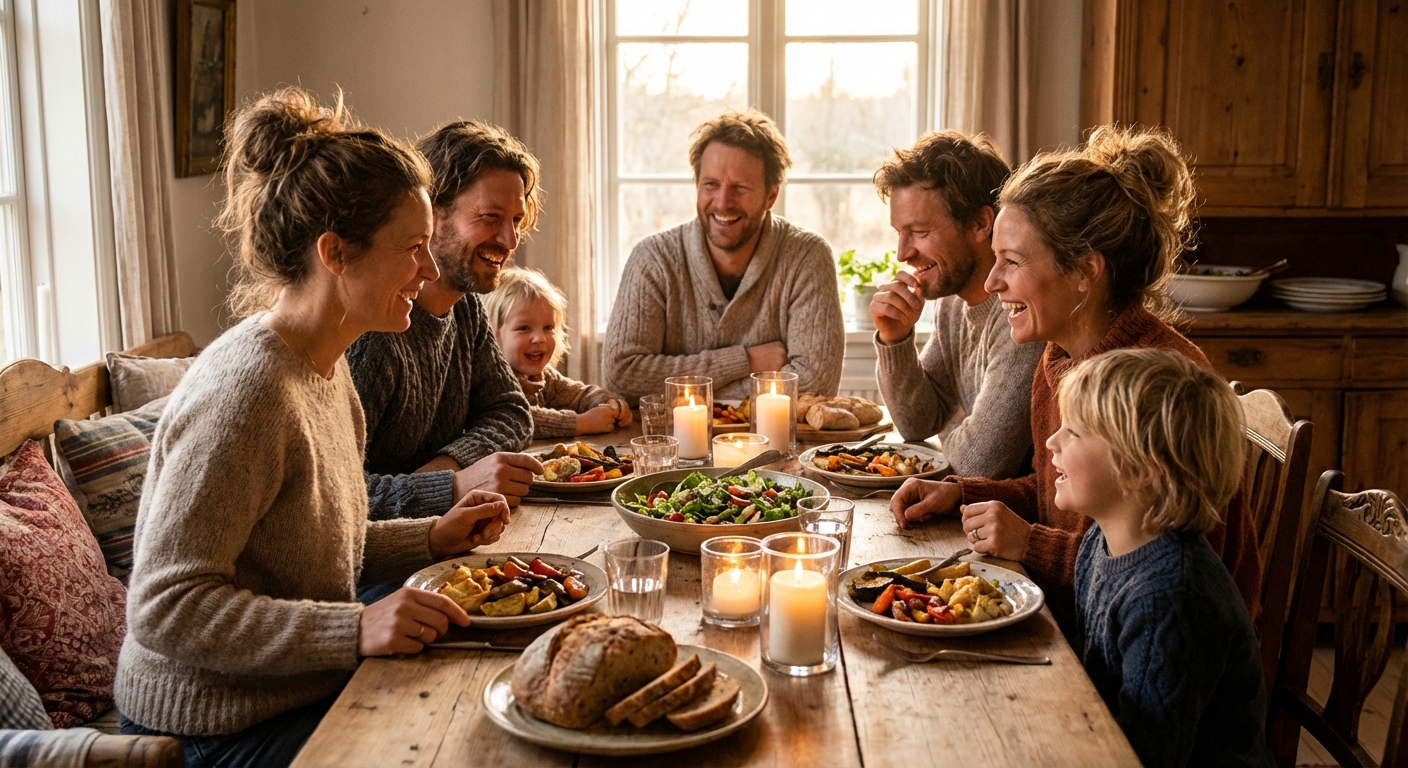 Family eating dinner together at a table with candles and no devices in sight
