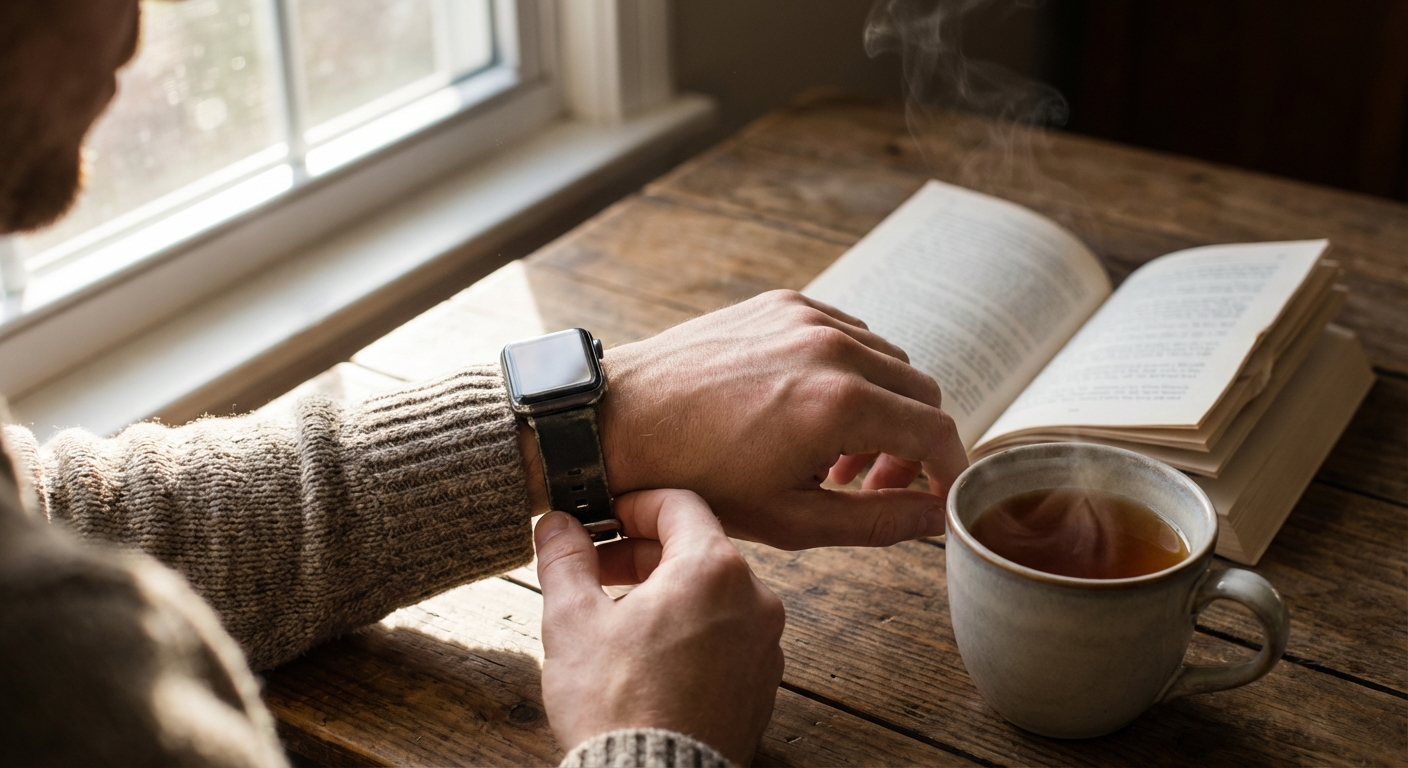 Person removing fitness tracker and setting it aside next to a cup of tea and open book