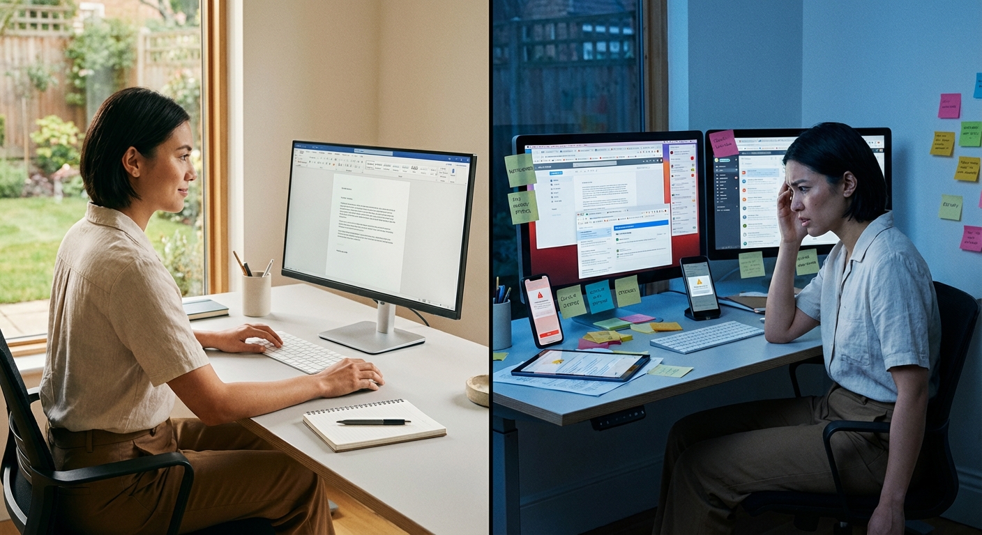Split image showing focused deep work versus fragmented multitasking at the same desk