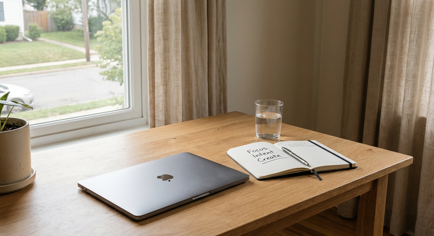 Clean desk with single notebook and pen beside a closed laptop conveying focused simplicity