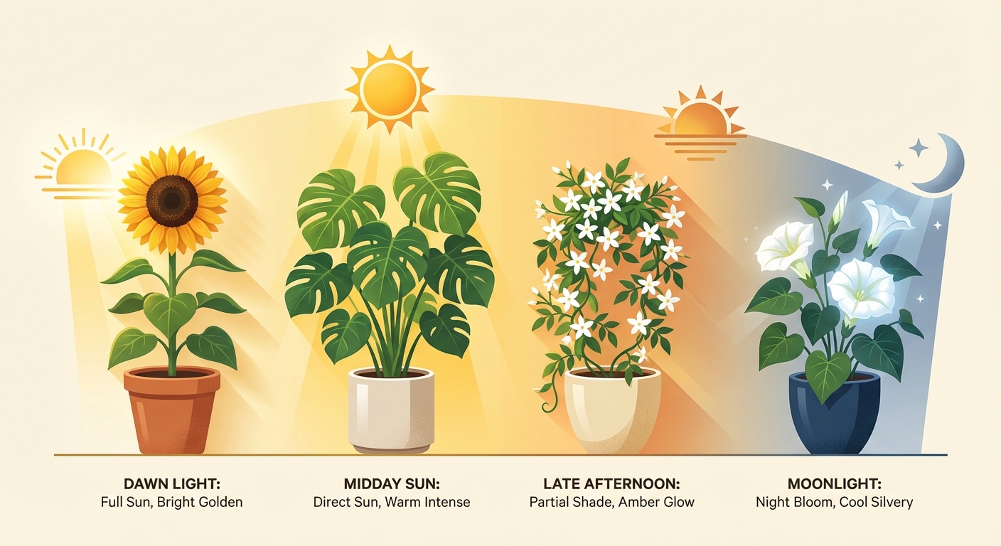 Four distinct plant types thriving in different lighting conditions from dawn to dusk