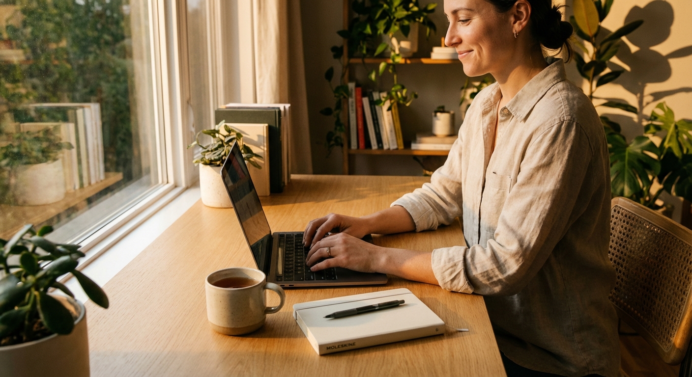 Person working contentedly at a desk by a window with late afternoon golden light