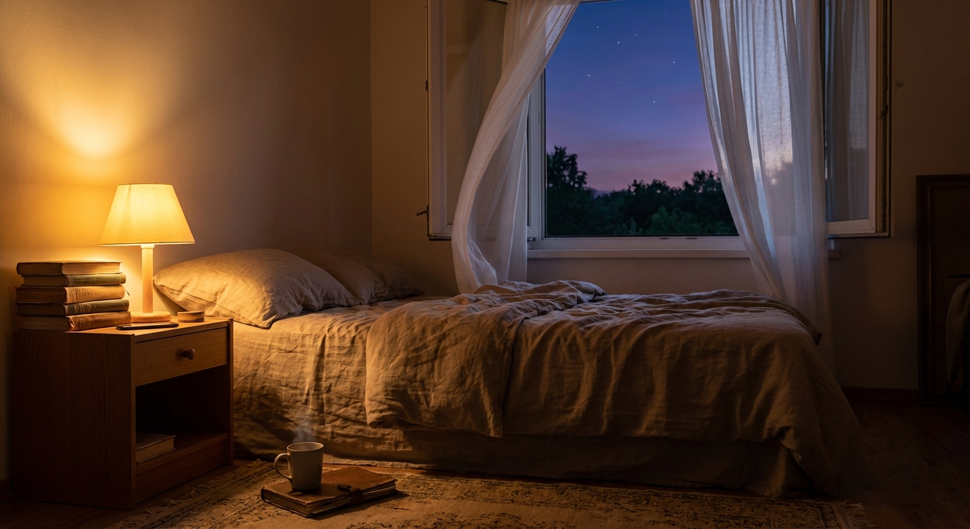 Peaceful bedroom scene at twilight with warm lamp light and an open window showing stars